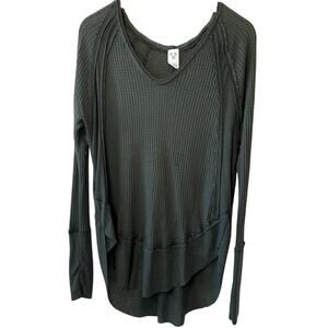 Free People Catalina Thermal V Neck Long Sleeve Slouchy Forest Green Boho Tee XS